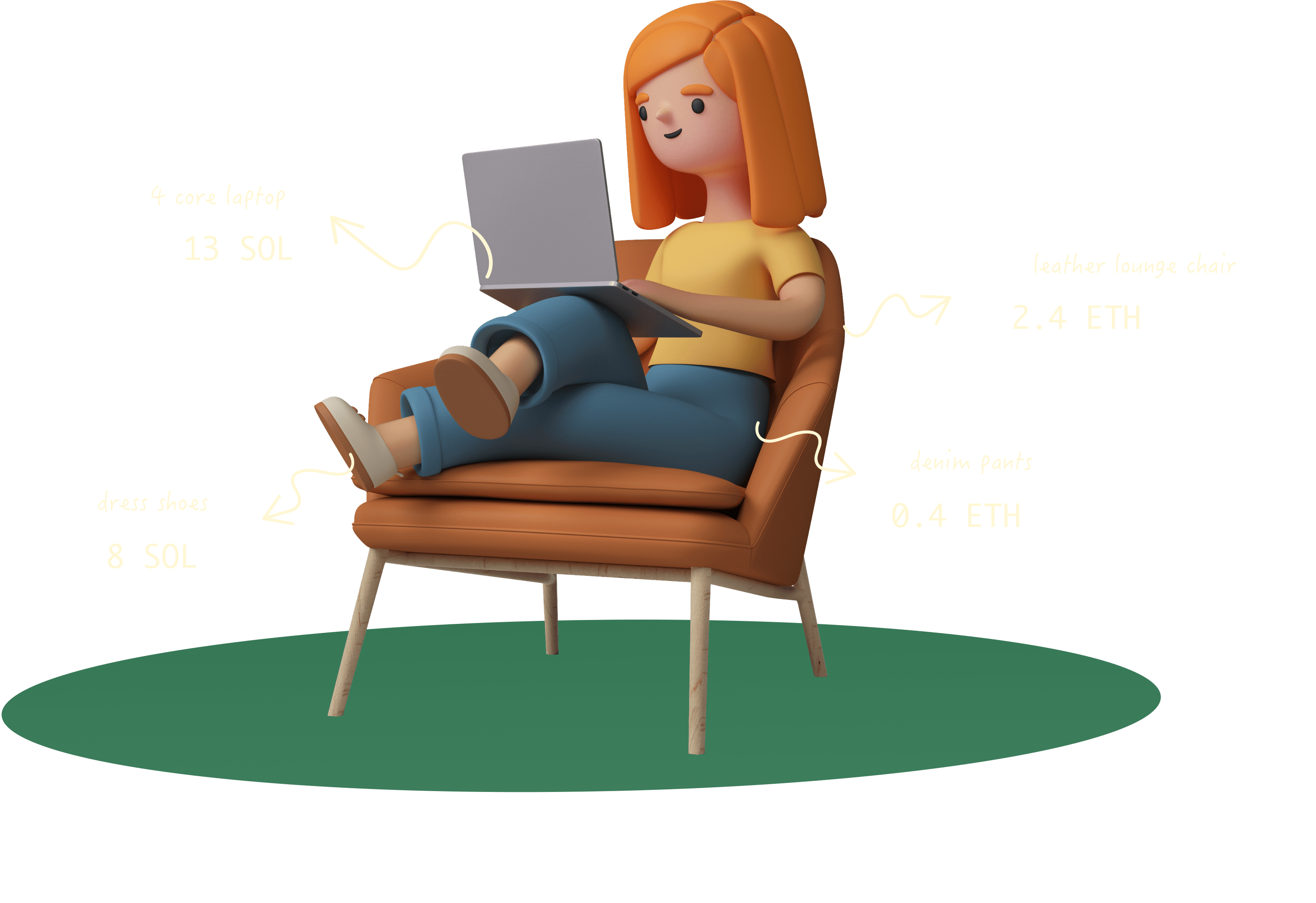Character sitting on a lounge chair with laptop